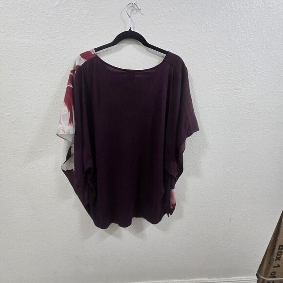 Chico’s S/M Sheer Floral Blouse Burgundy Pink Oversized Poncho Top Flowy - Picture 8 of 11